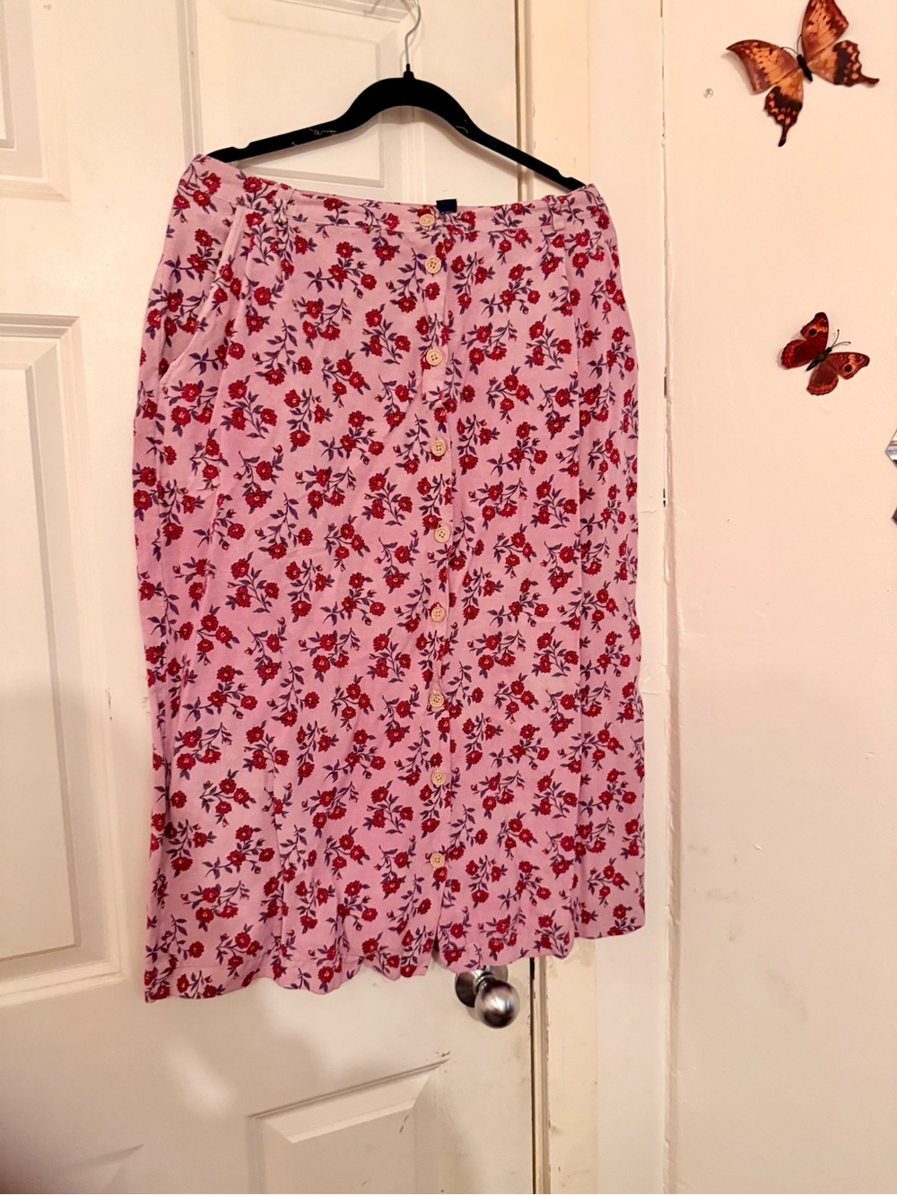 Women's Vintage Linen Blend Pink Floral Button-Front Skirt